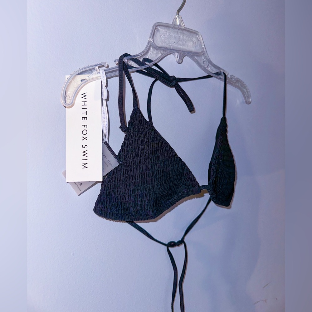 XS White Fox Boutique black ruched string bikini top.